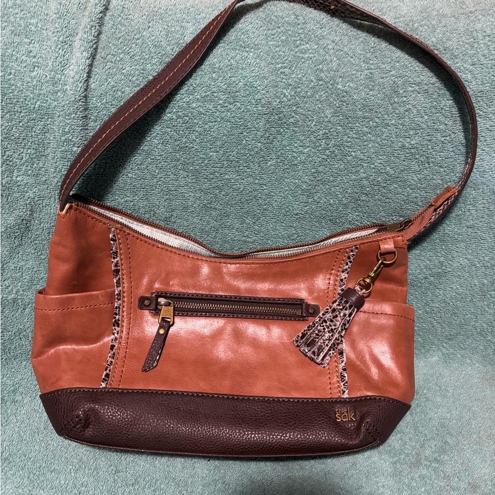The Sak Kendra Brown and Snake Trim Leather Shoulder Bag